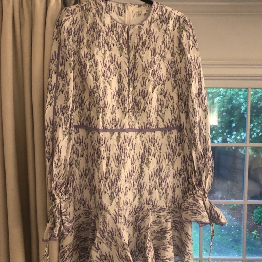 Jonathan Simkhai Lavender Print Lace Trim Balloon Sleeve Dress Ties at Sleeves
